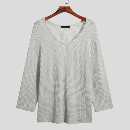 Incerun Men's Knitted V-Neck Long Sleeve Hollow-Out Loose Sweater