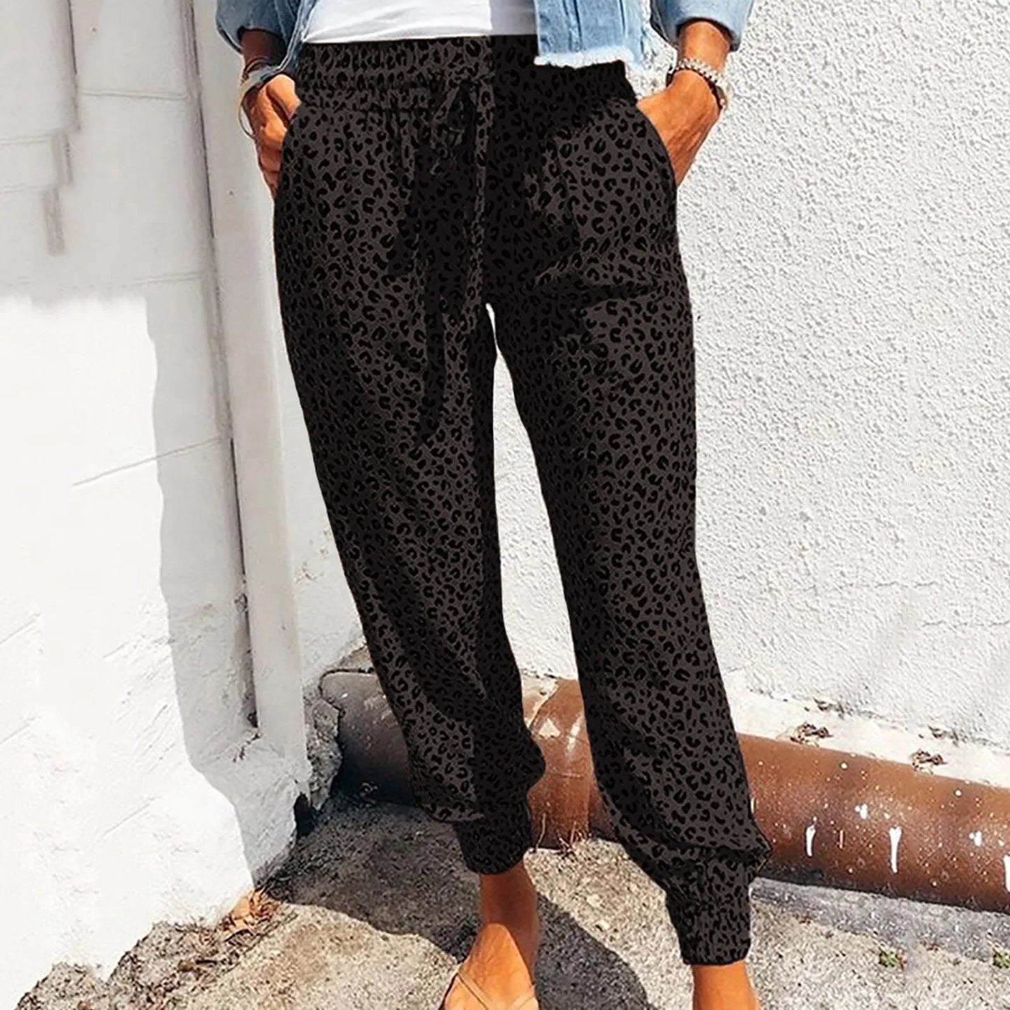 Women's Casual Lace-Up Pants in Loose Fit with Leopard Print - Various Colors