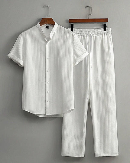 Men’s Jacquard Shirt and Drawstring-Waist Pants Set — Lightweight & Breathable