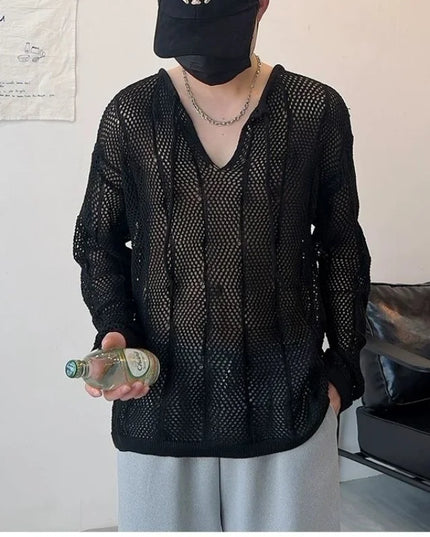 Men's Thin Hollow V-Neck Sweater - Loose Fit, Long-Sleeved