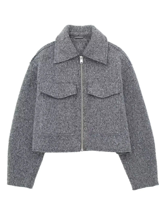 Women's Long Sleeve Woolen Zipper Jacket with Pockets