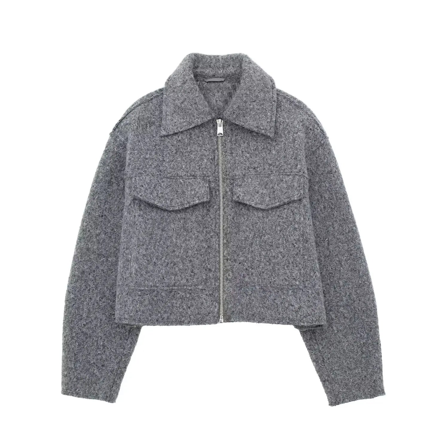 Women's Long Sleeve Woolen Zipper Jacket with Pockets