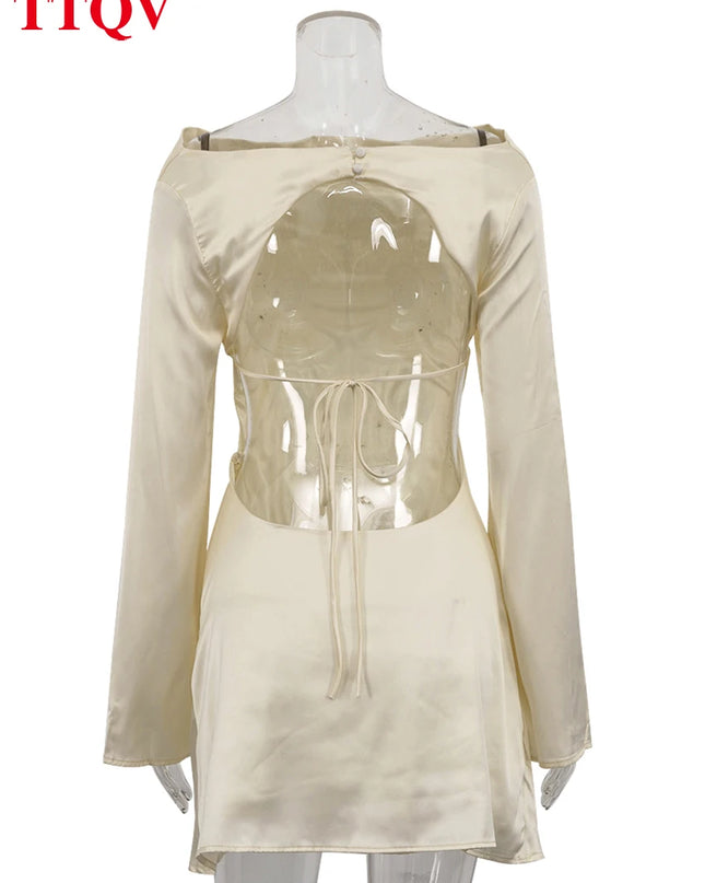 TTQV Women’s Loose Faux Satin Mini Dress - Elegant, Classic, Backless Design