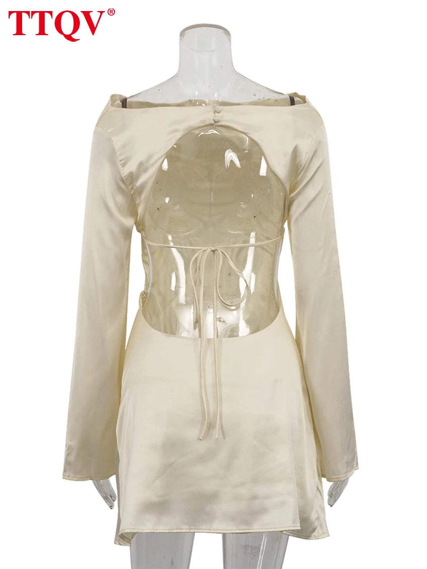 TTQV Women’s Loose Faux Satin Mini Dress - Elegant, Classic, Backless Design