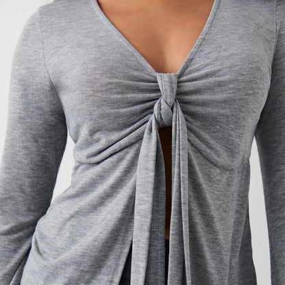 Women's Long Sleeve V-Neck Tie-Front Blouse
