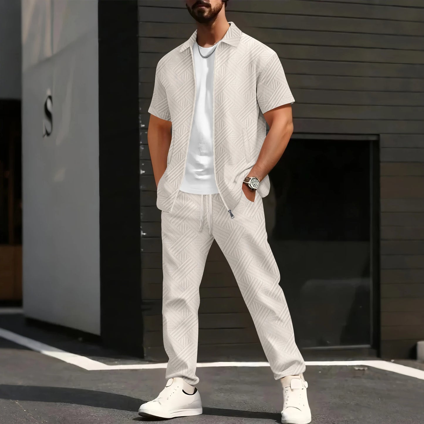 Men's Geometric Jacquard 2-Piece Short Sleeve Shirt and Pants Set with Turn-Down Collar and Zip Closure