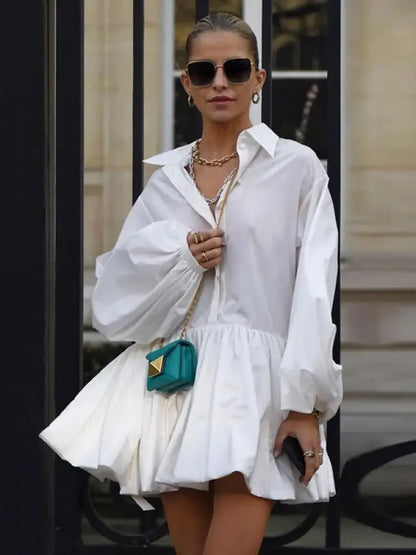 Women's Short Dress with Lapel Collar, Puff Long Sleeves, Split-Joint Pleated Shirt Dress
