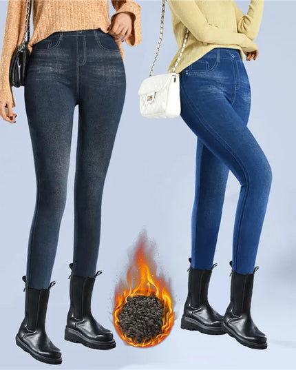 Faux Denim Fleece High-Waisted Pencil Pants for Women