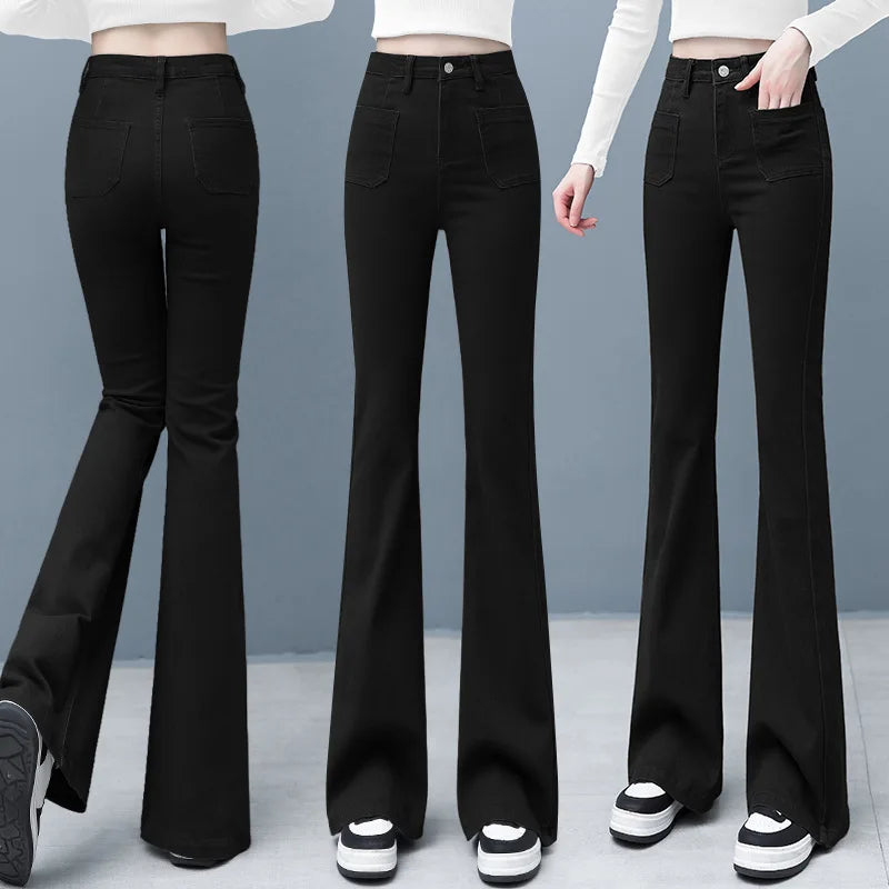 Women Flared Jeans Loose Denim Pants  - Straight High Waist Design