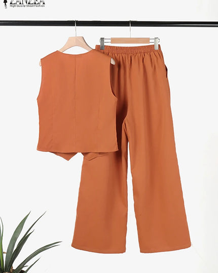 Womens Two Piece Sleeveless Vest Shirt and Trousers - Matching Set