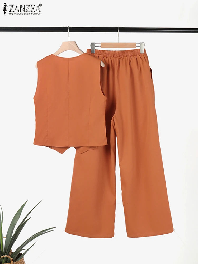 Womens Two Piece Sleeveless Vest Shirt and Trousers - Matching Set