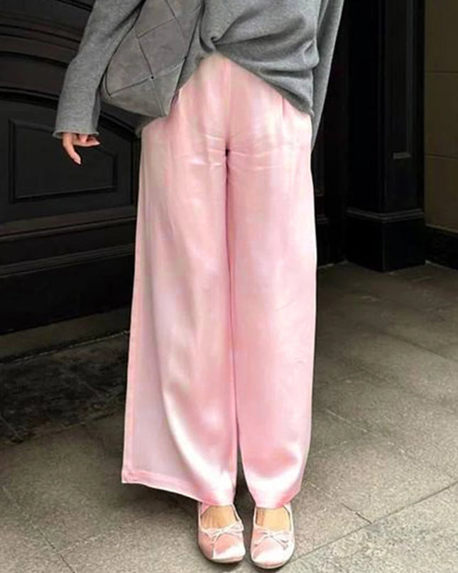 Women's Satin Wide Leg Pants - Casual High Waist Elastic Waistline