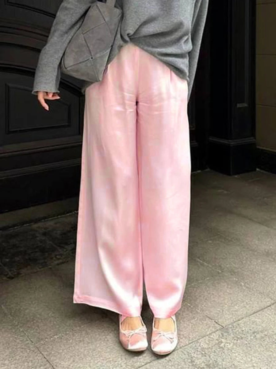 Women's Satin Wide Leg Pants - Casual High Waist Elastic Waistline