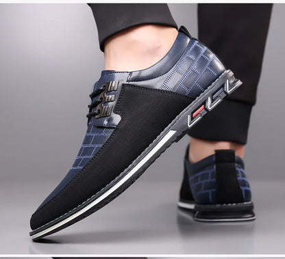 Men's Grid Pattern Leather Shoes – Breathable, Soft Leather Upper with Durable Rubber Sole