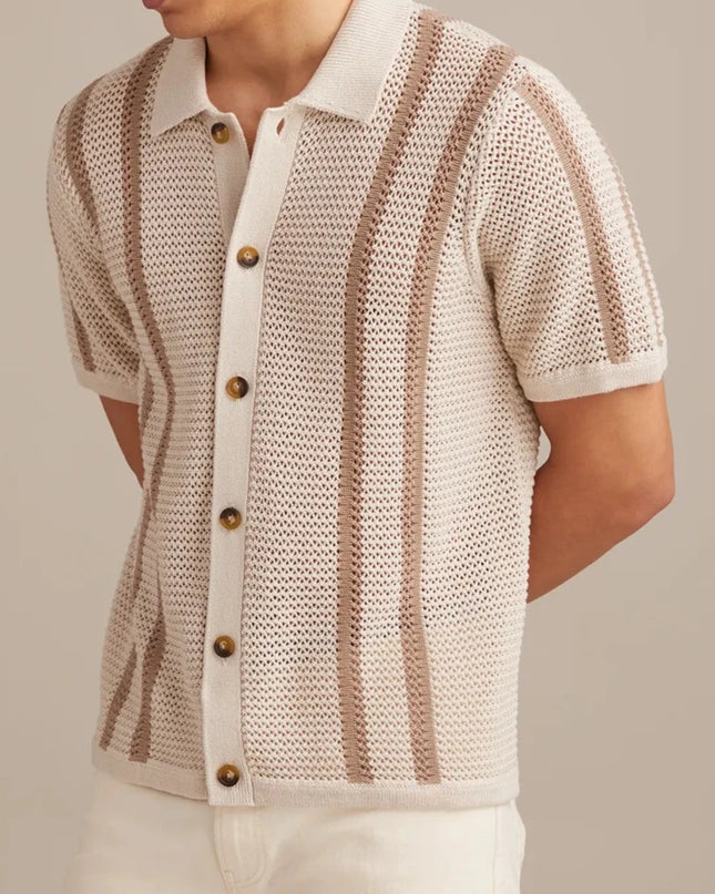 Men's Striped Knitted Shirt with Casual Button-Down Turn-Down Collar