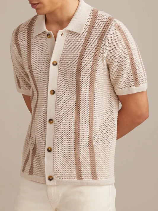 Men's Striped Knitted Shirt with Casual Button-Down Turn-Down Collar