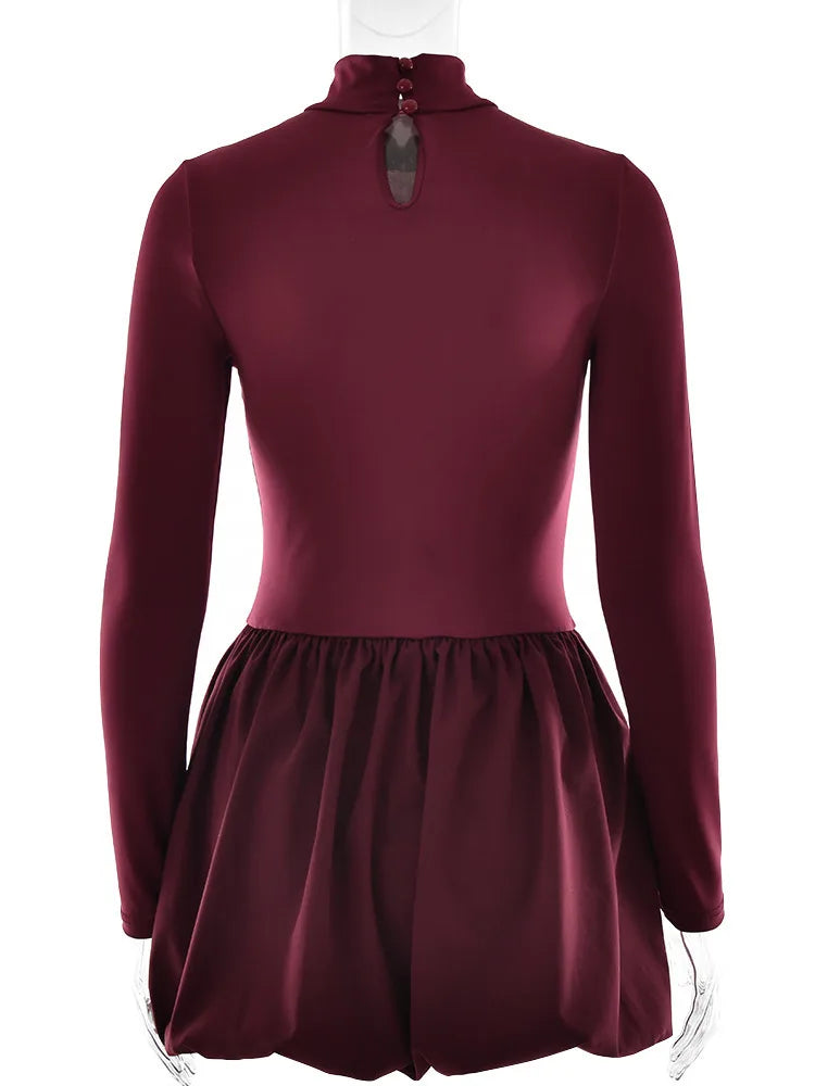 Women's Turtleneck Long Sleeve Mini Dress - Pleated Bodycon Dress