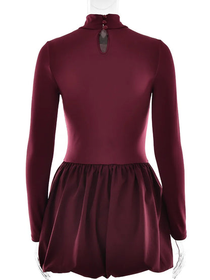 Women's Turtleneck Long Sleeve Mini Dress - Pleated Bodycon Dress