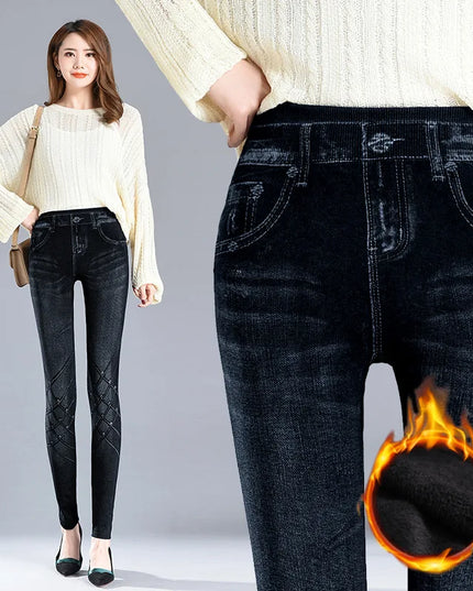 Faux Denim Fleece High-Waisted Pencil Pants for Women