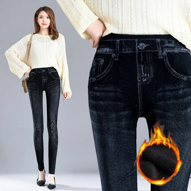 Faux Denim Fleece High-Waisted Pencil Pants for Women