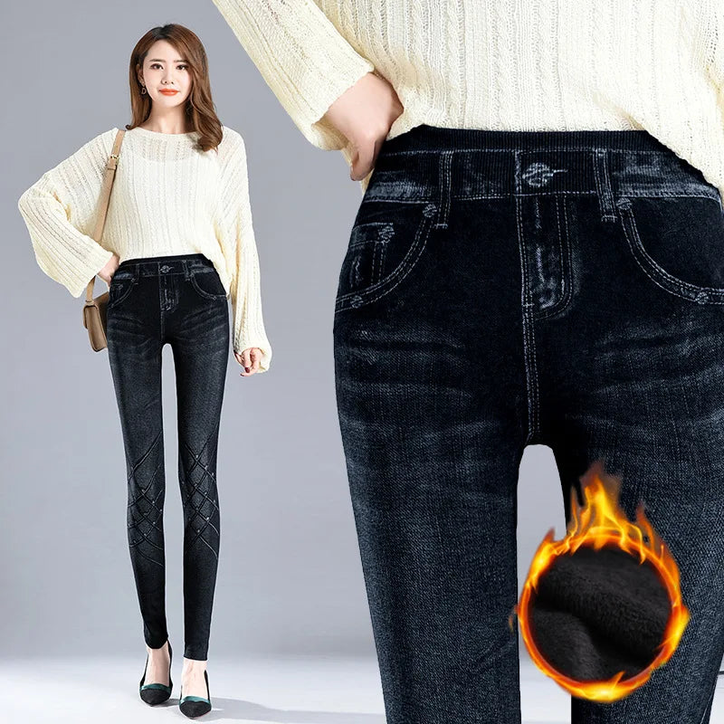 Faux Denim Fleece High-Waisted Pencil Pants for Women