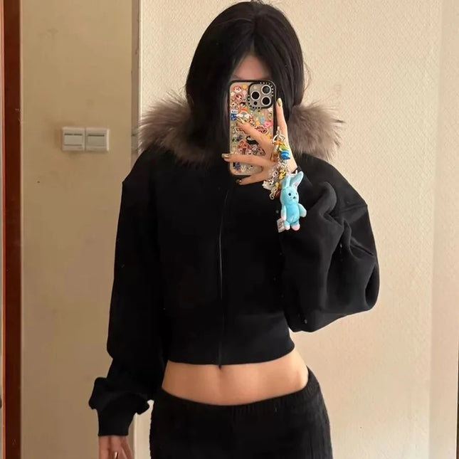 Women's Faux Fur Collar Cropped Zipper Hooded Jacket
