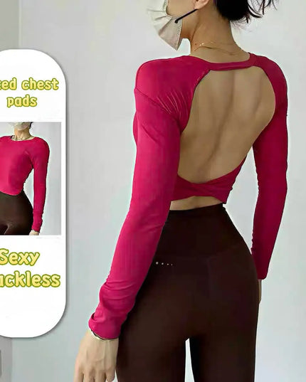 Long Sleeve Women's Yoga Top with Fixed Chest and Backless Design