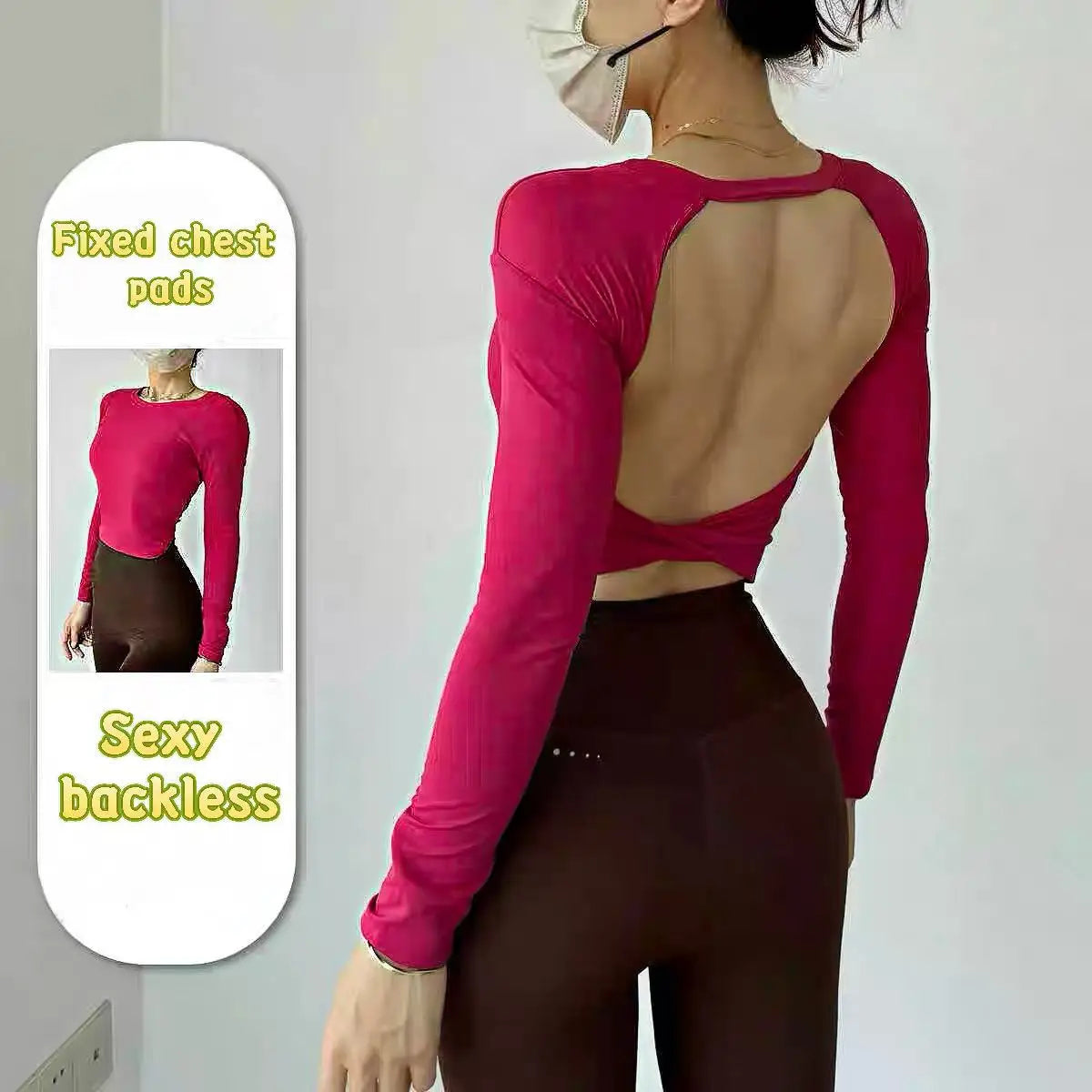Long Sleeve Women's Yoga Top with Fixed Chest and Backless Design