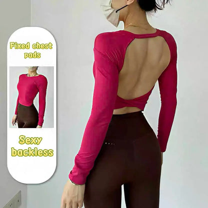 Long Sleeve Women's Yoga Top with Fixed Chest and Backless Design