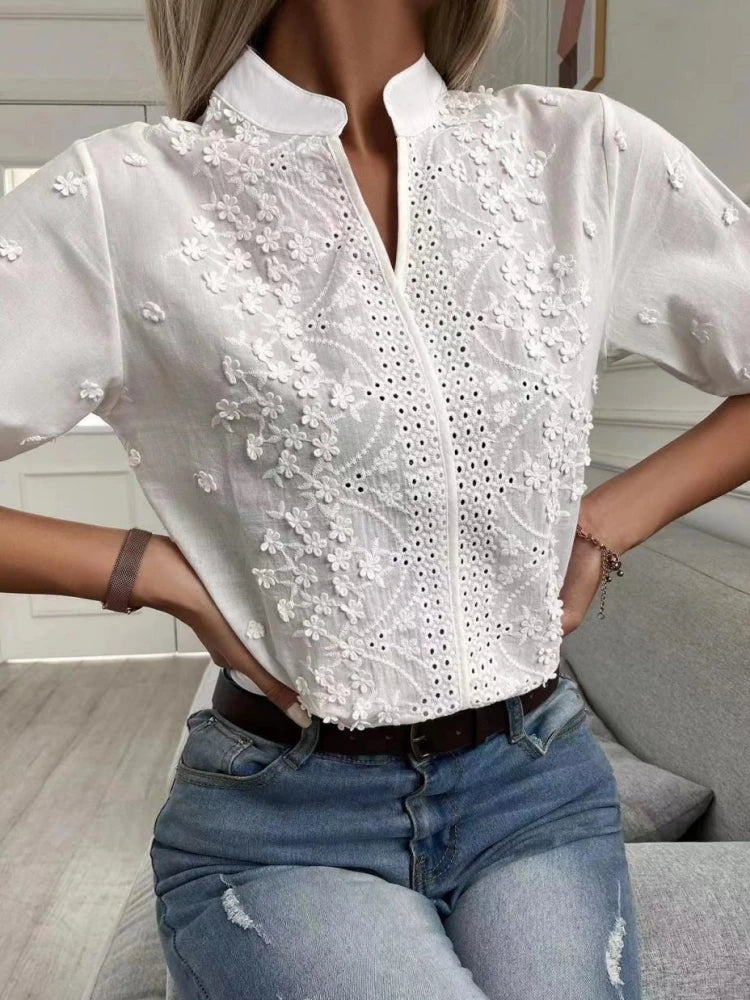 Women's V-Neck Embroidered Cotton Blouse with Lantern Sleeves