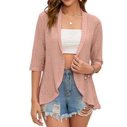 Elegant Women's Mid Sleeve Casual Cardigan with Soft, Loose Fit and Hollow Out Design