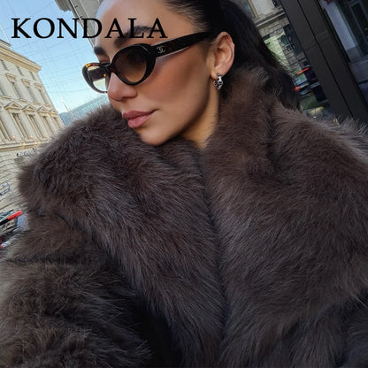 KONDALA Women's Faux Fur Turn-Down Collar Elegant Jacket