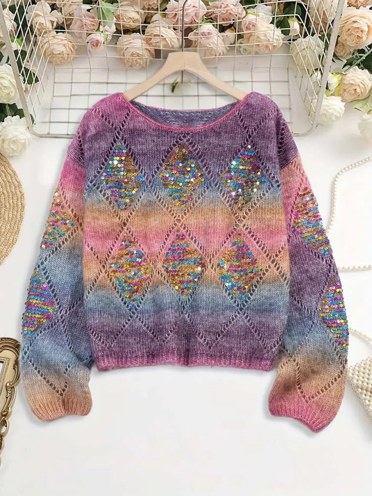 Women's Rainbow Crewneck with Pearl and Diamond Pattern Embroidery