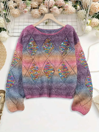 Women's Rainbow Crewneck with Pearl and Diamond Pattern Embroidery