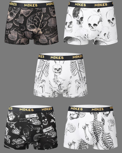 5-Pack Men’s Mixed-Print Boxer Briefs with Popular Skull Designs, Mid-Rise Waist, Lightweight Stretch Fabric