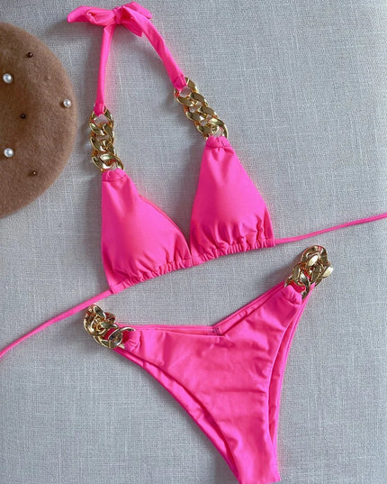 Women's Two-Piece Halter Bikini Set with Push-Up Triangle Top - Various Colors