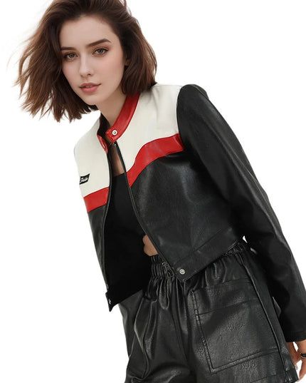 Women's Faux PU Leather Motorcycle Jacket with Zipper