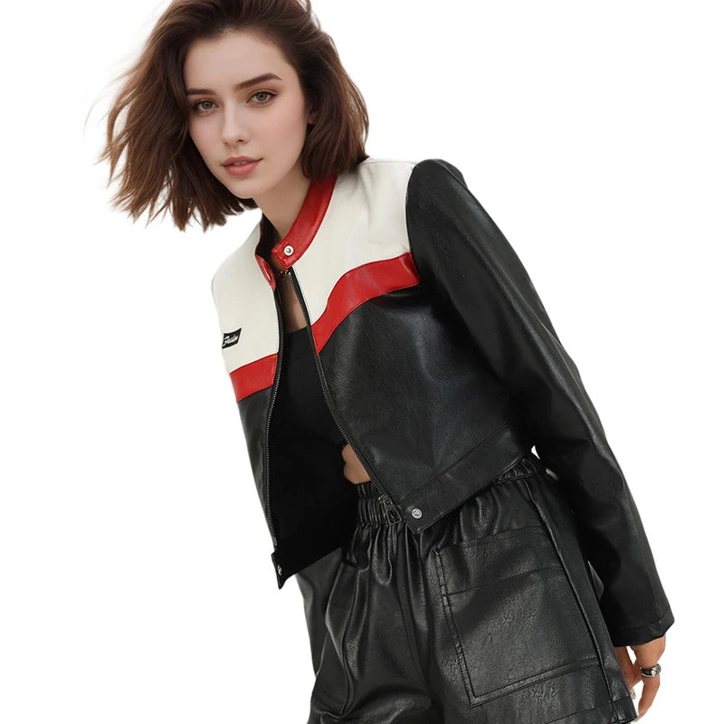 Women's Faux PU Leather Motorcycle Jacket with Zipper
