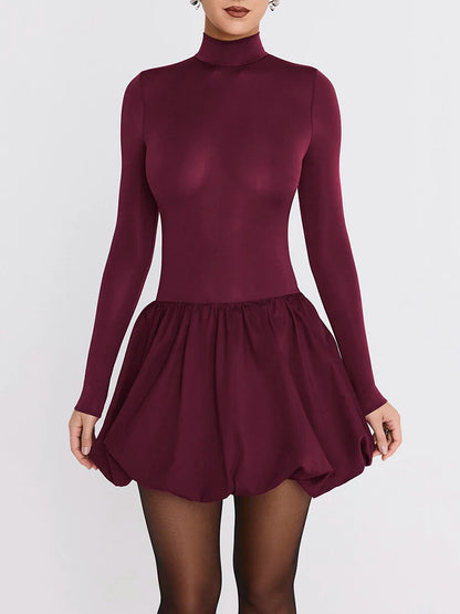 Women's Turtleneck Long Sleeve Mini Dress - Pleated Bodycon Dress