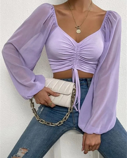 Drawstring Wrap Chest Long Sleeve Blouse for Women - Various Colors