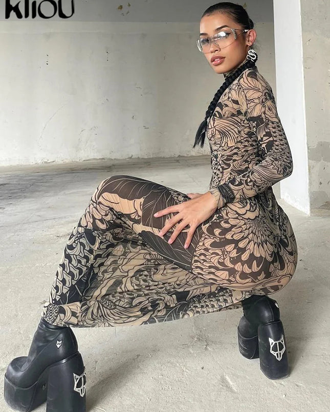 Women's Long Sleeve Mesh Sheer Bodycon Dress
