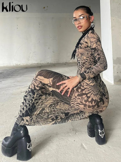 Women's Long Sleeve Mesh Sheer Bodycon Dress