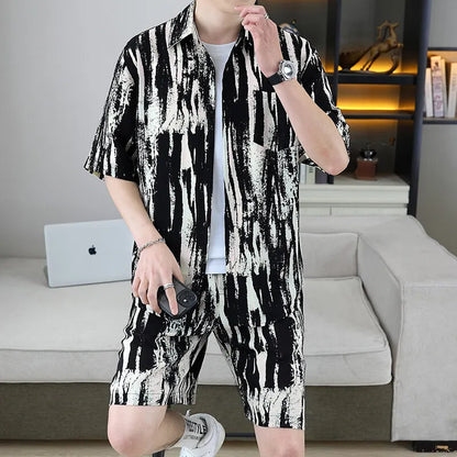 Men's Two-Piece Loose Fit Striped Shirt and Shorts Set