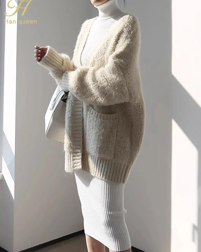 Han Queen Women's Knitted Turtleneck Bodycon Dress with Belt