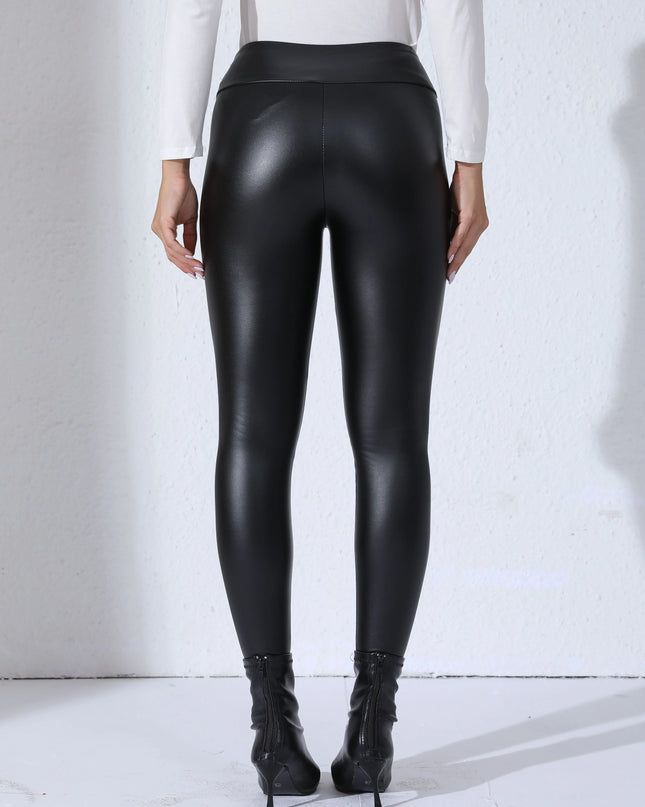 Women’s PU Leather Fleece-Lined Slim Fit Skinny Pants with Pockets, High Waist Elastic Design