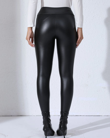 Women's PU Leather Fleece-Lined Slim  Pants with Pockets
