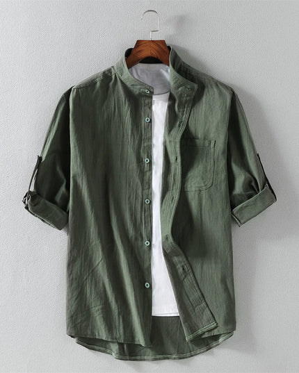 Men's Short-Sleeve Shirt with Stand Collar