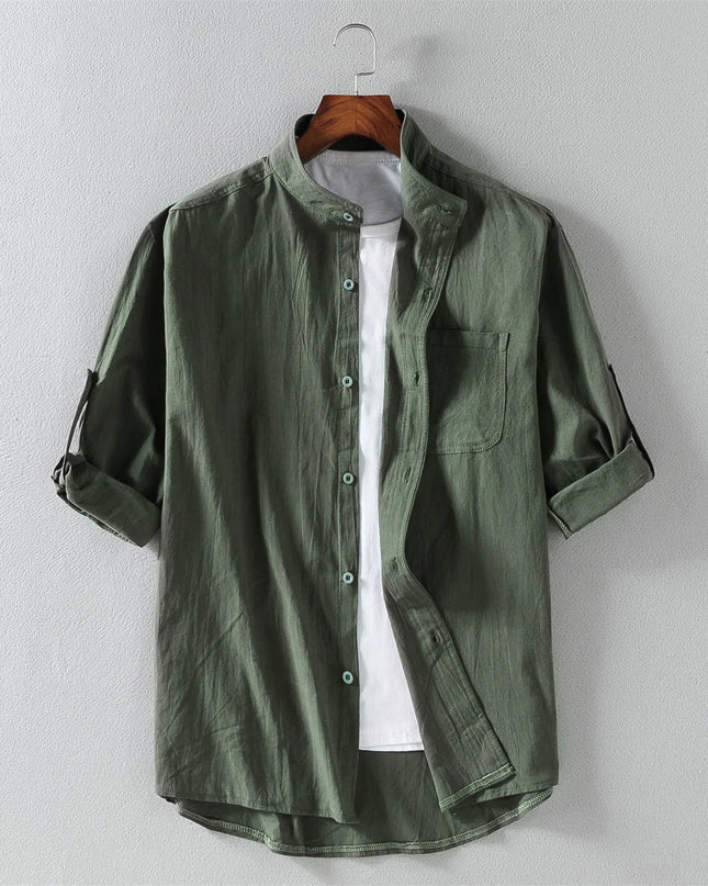 Men's Short-Sleeve Shirt with Stand Collar