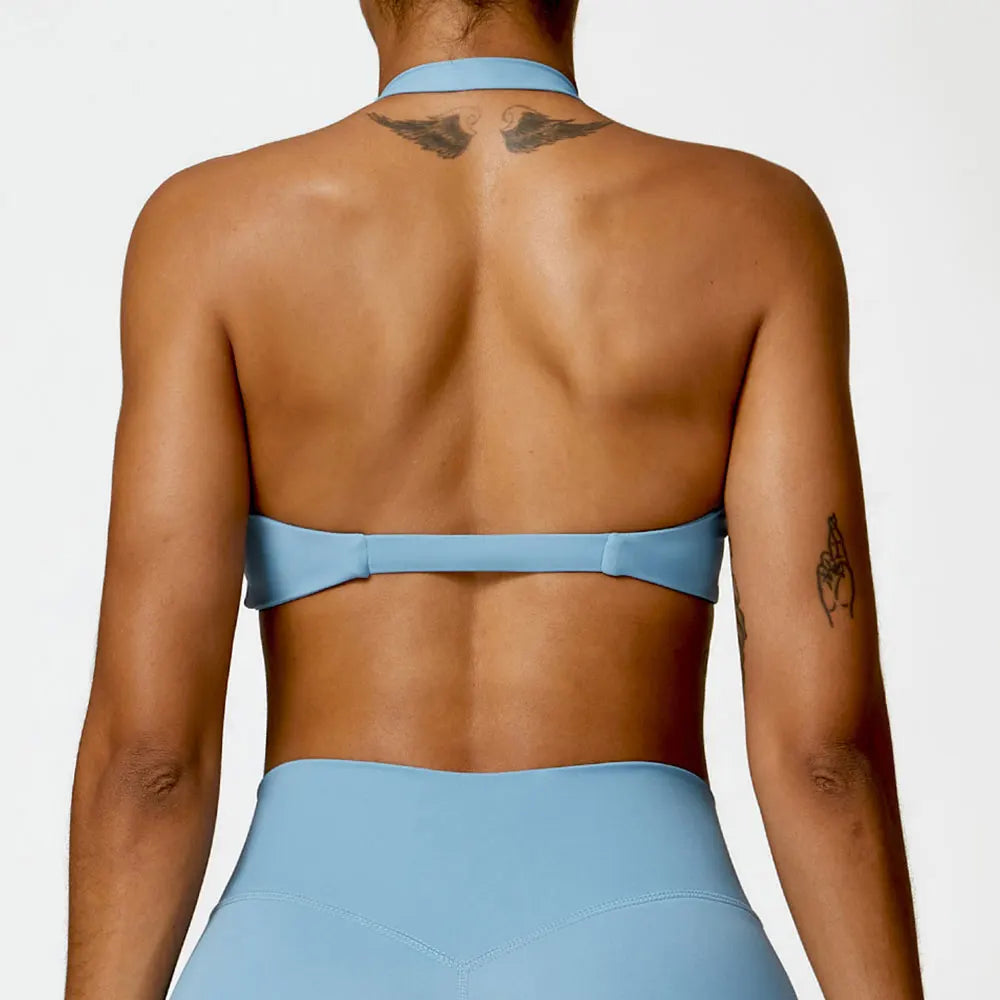 Women's Nylon Halter Sports Bra with Front Twist, Padded and Supportive Bralette for Activewear