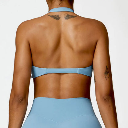 Women's Nylon Halter Sports Bra with Front Twist, Padded and Supportive Bralette for Activewear